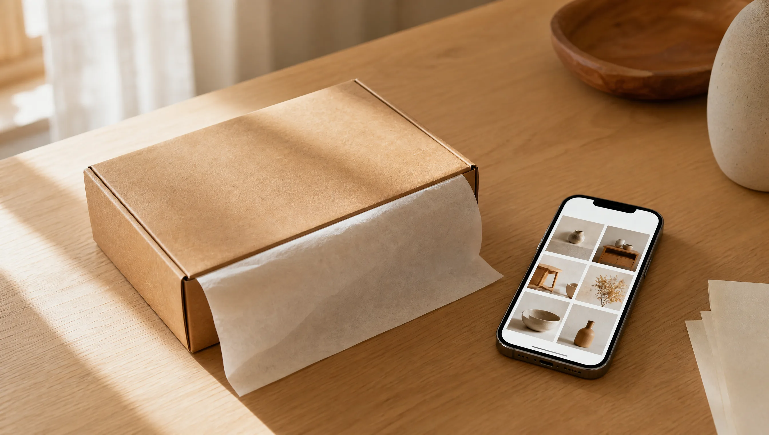 Atmósfera de trabajo OQO — mesa, materiales y luz cream