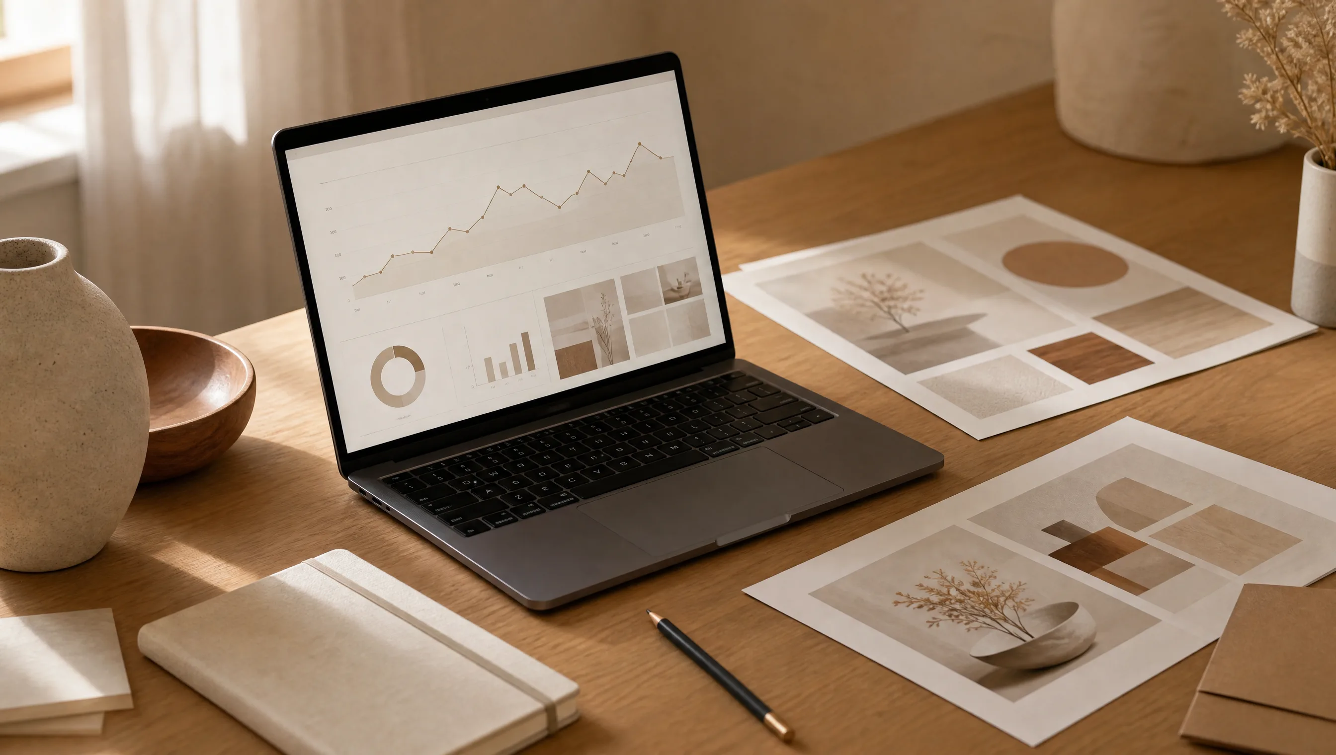 Mesa de trabajo OQO — oficio, materiales y pantalla en luz cream