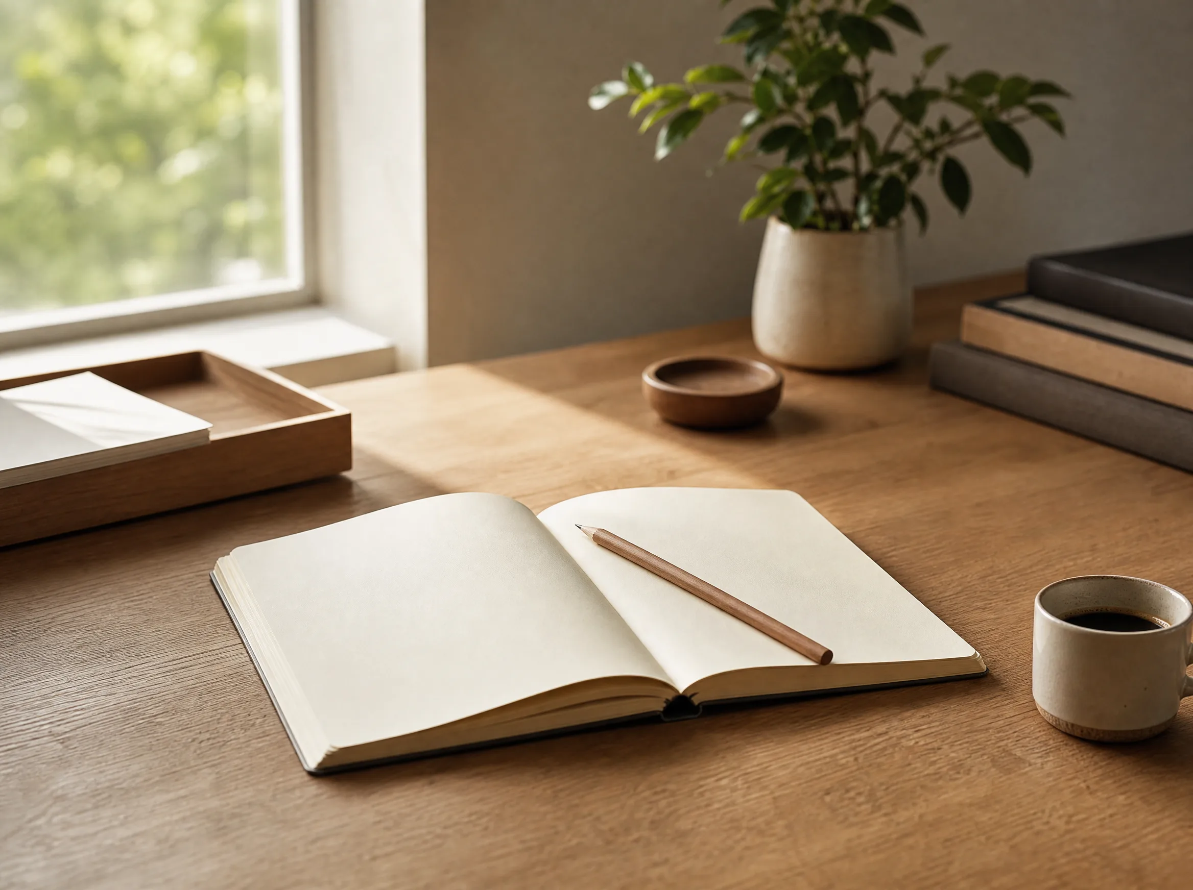 Escritorio con cuaderno cream y materiales de planificación