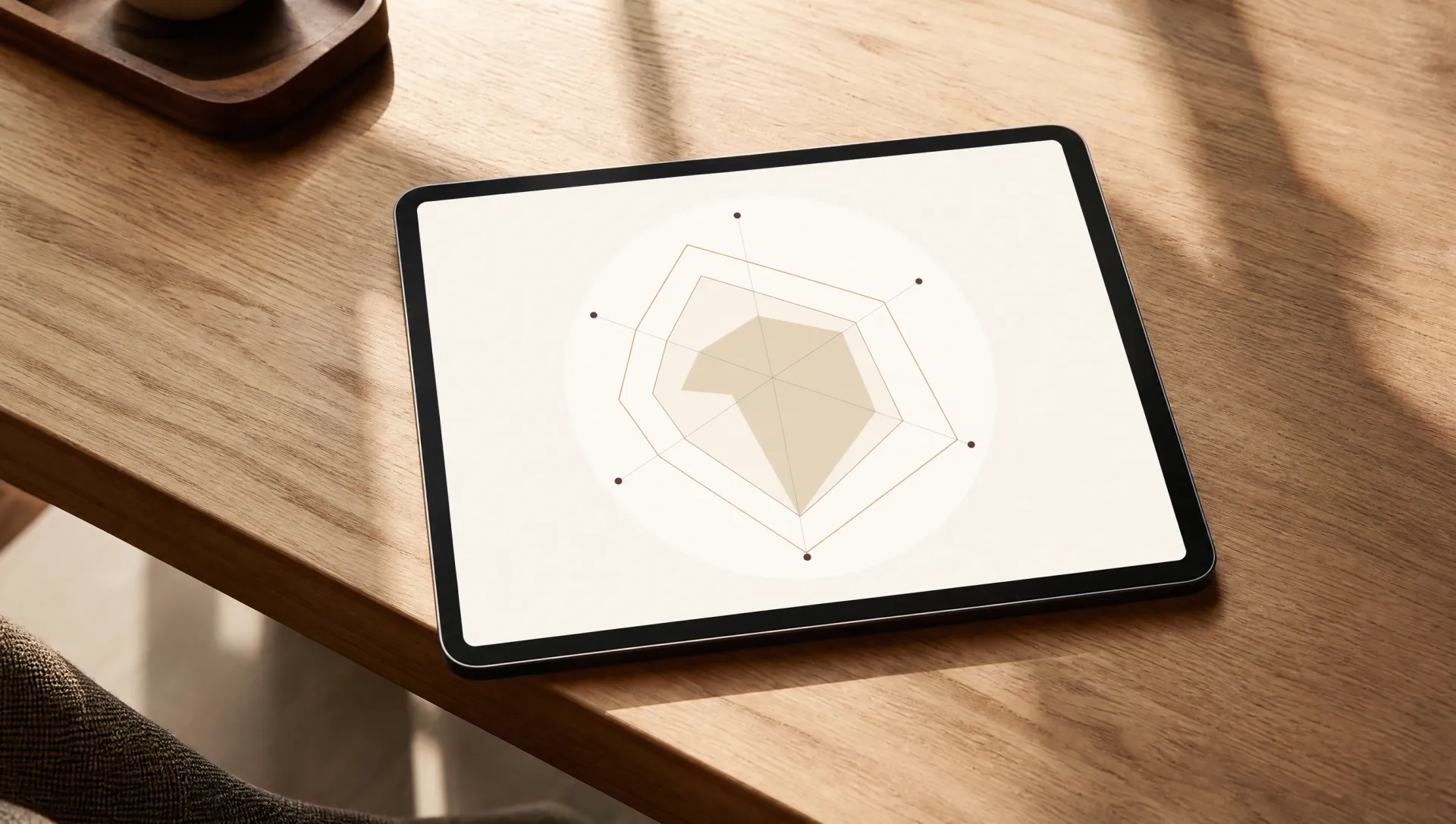 Lectura de mercado en tablet — curvas abstractas sobre roble