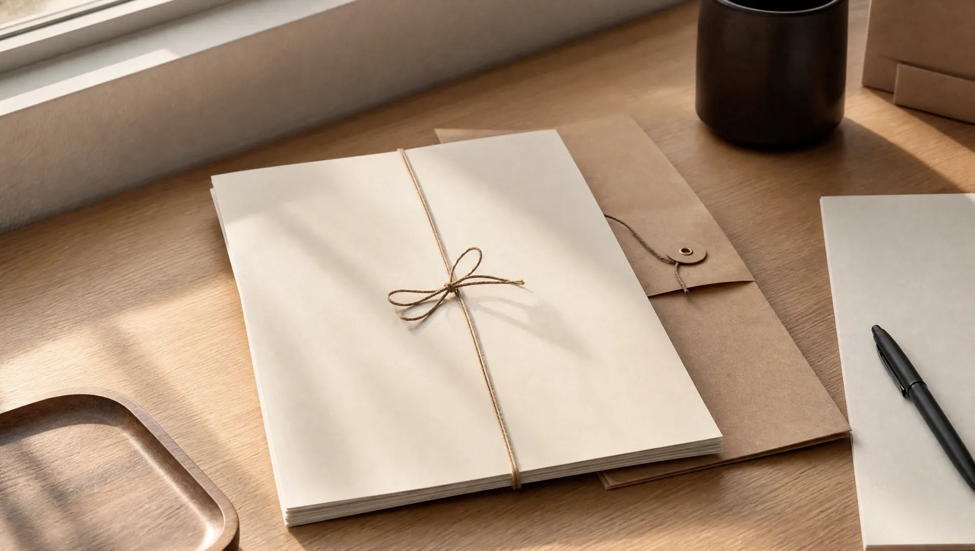 Informe de industria — folio cream sobre mesa de roble