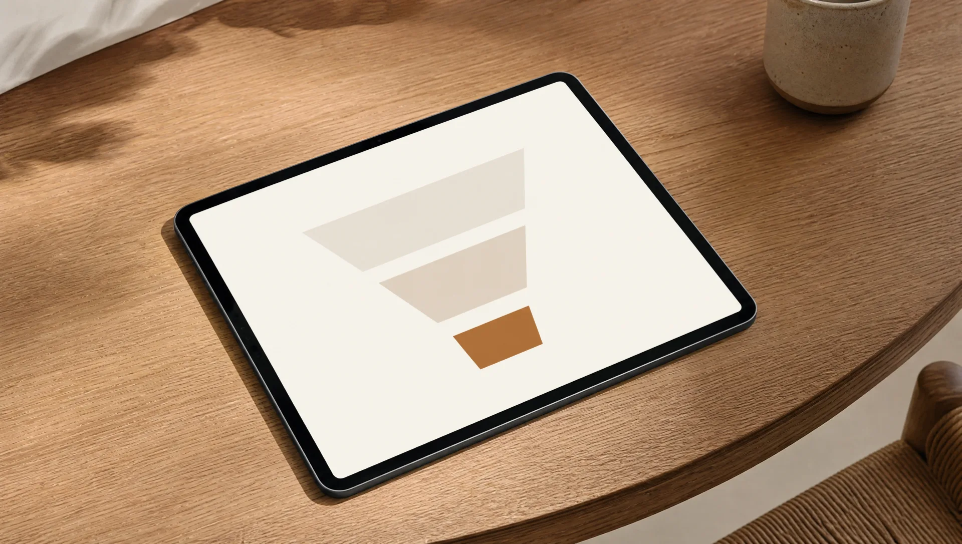 Lectura de embudo en tablet — etapas abstractas sobre mesa de roble