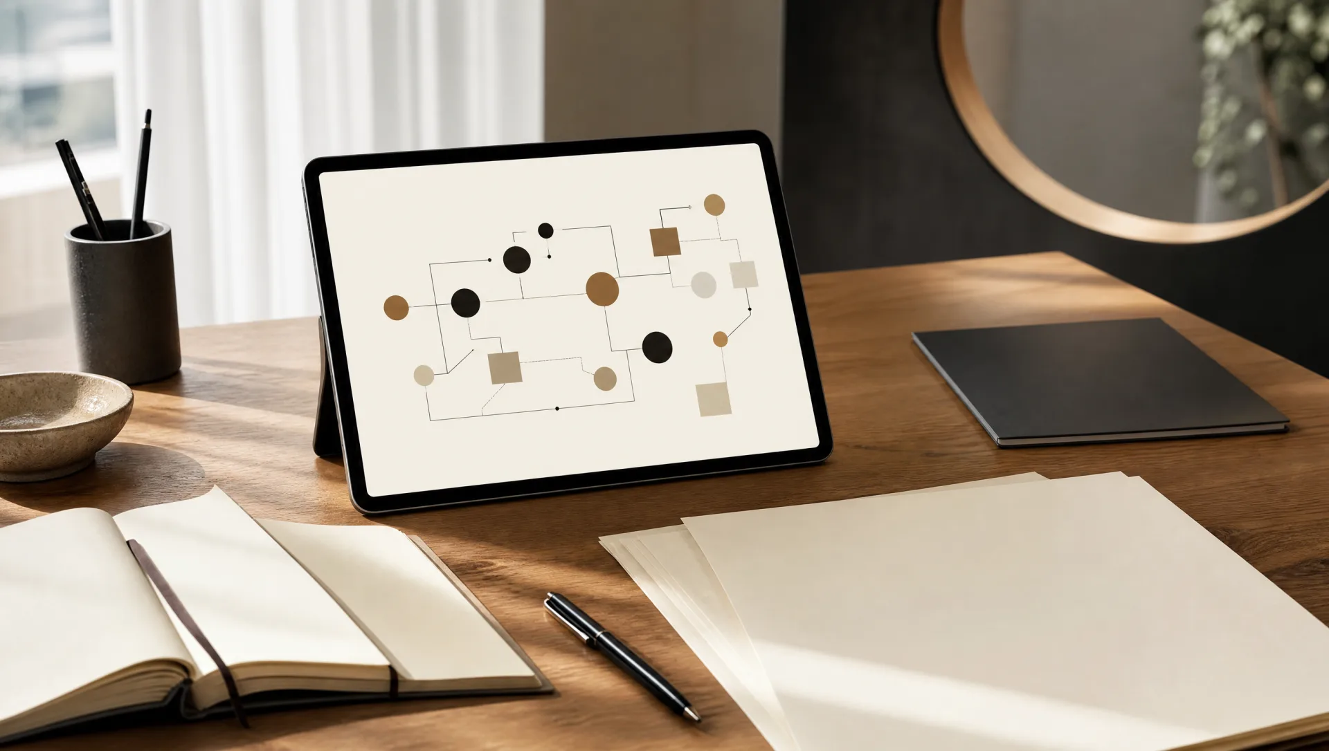 Operación de auditoría — reportes, notebook y tablet sobre roble