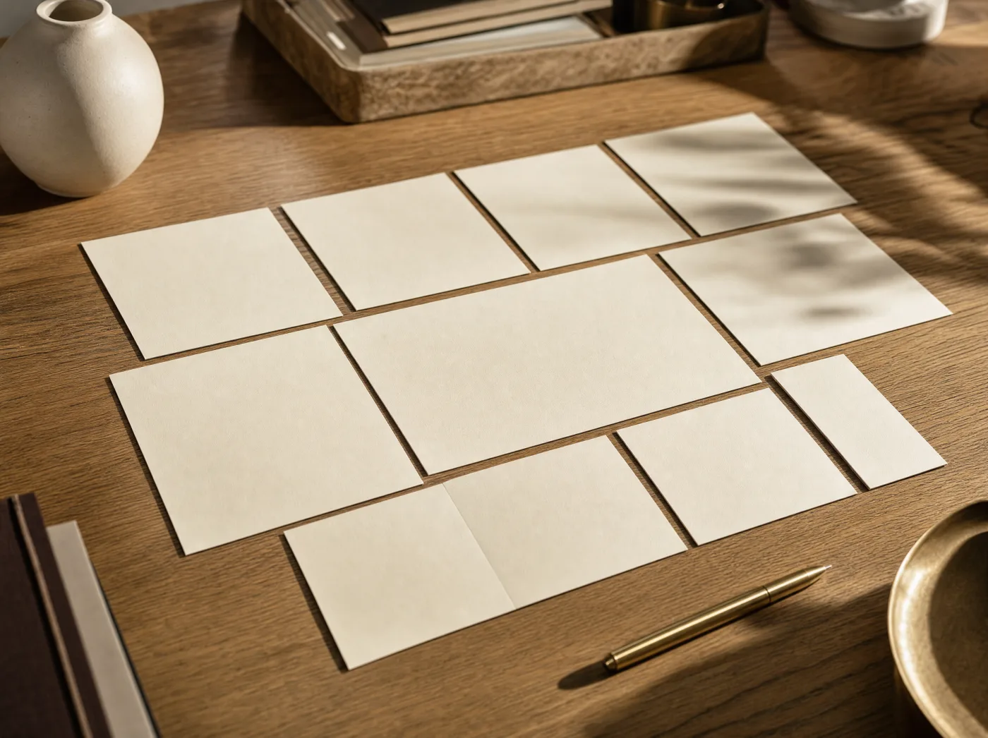 Planificación de marca — tarjetas de estrategia sobre roble