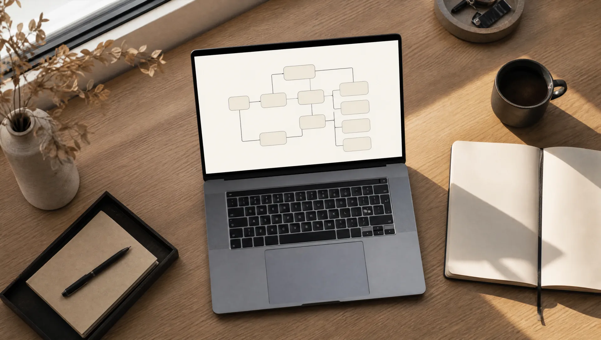 Operación de automatización — CRM y notebook sobre roble