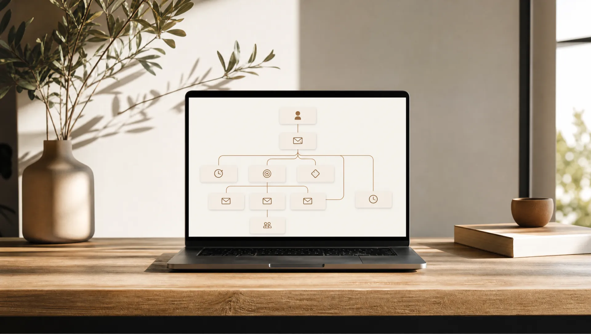 Automatización de marketing — flujos sobre mesa de roble