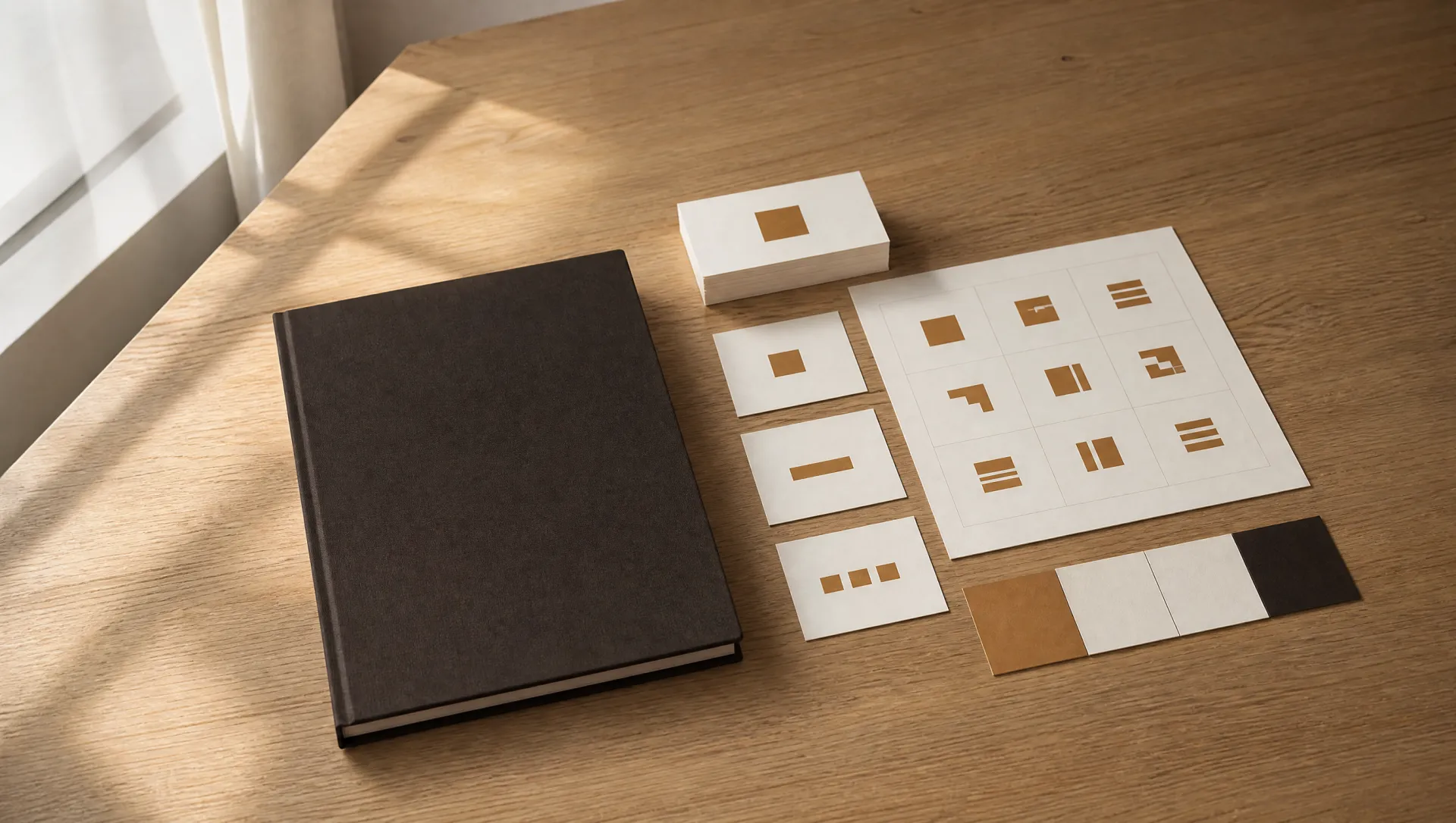 Branding y diseño — kit de marca físico sobre mesa de roble