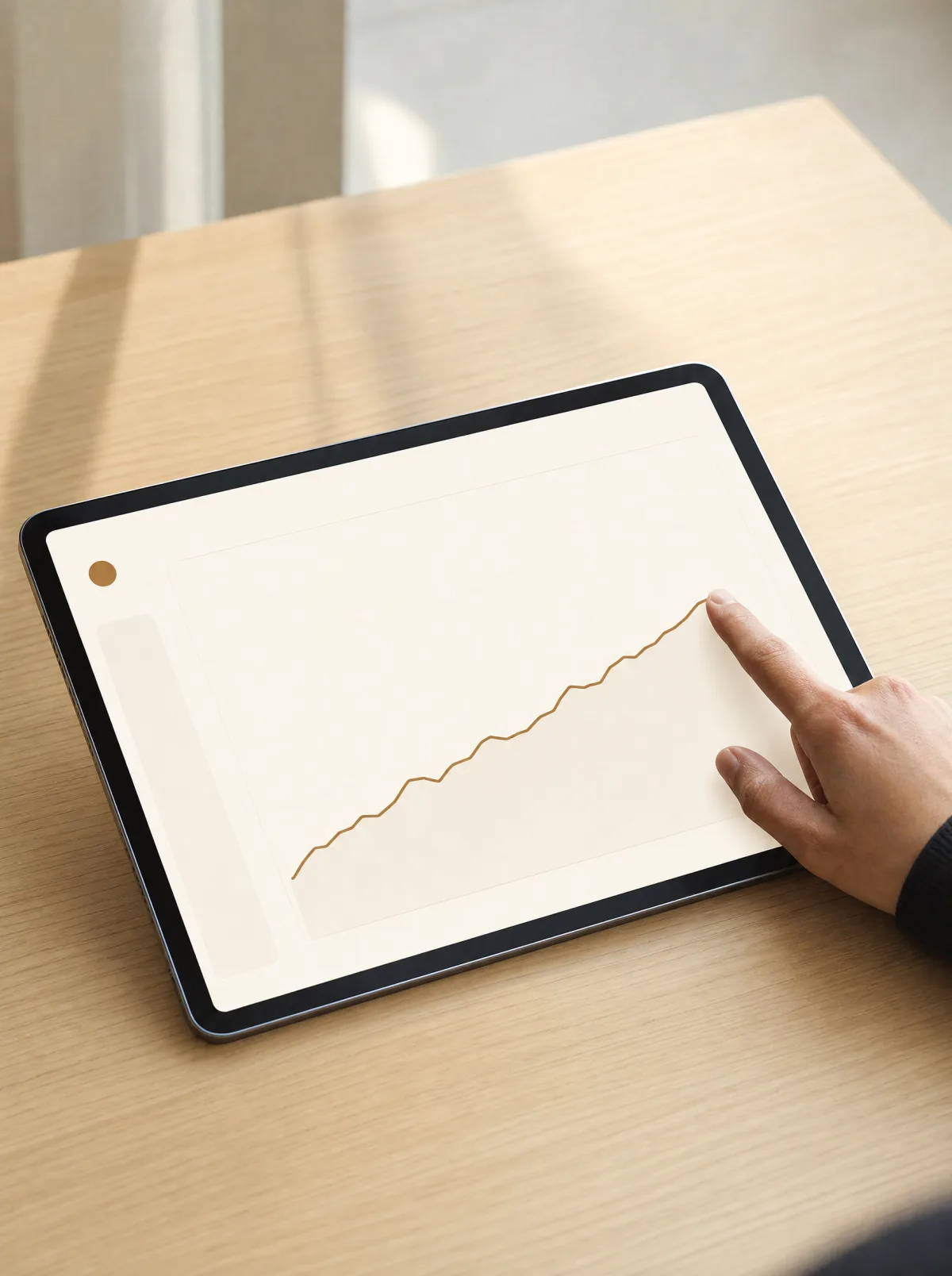 Diagnóstico en tablet — curva de crecimiento abstracta sobre mesa de roble