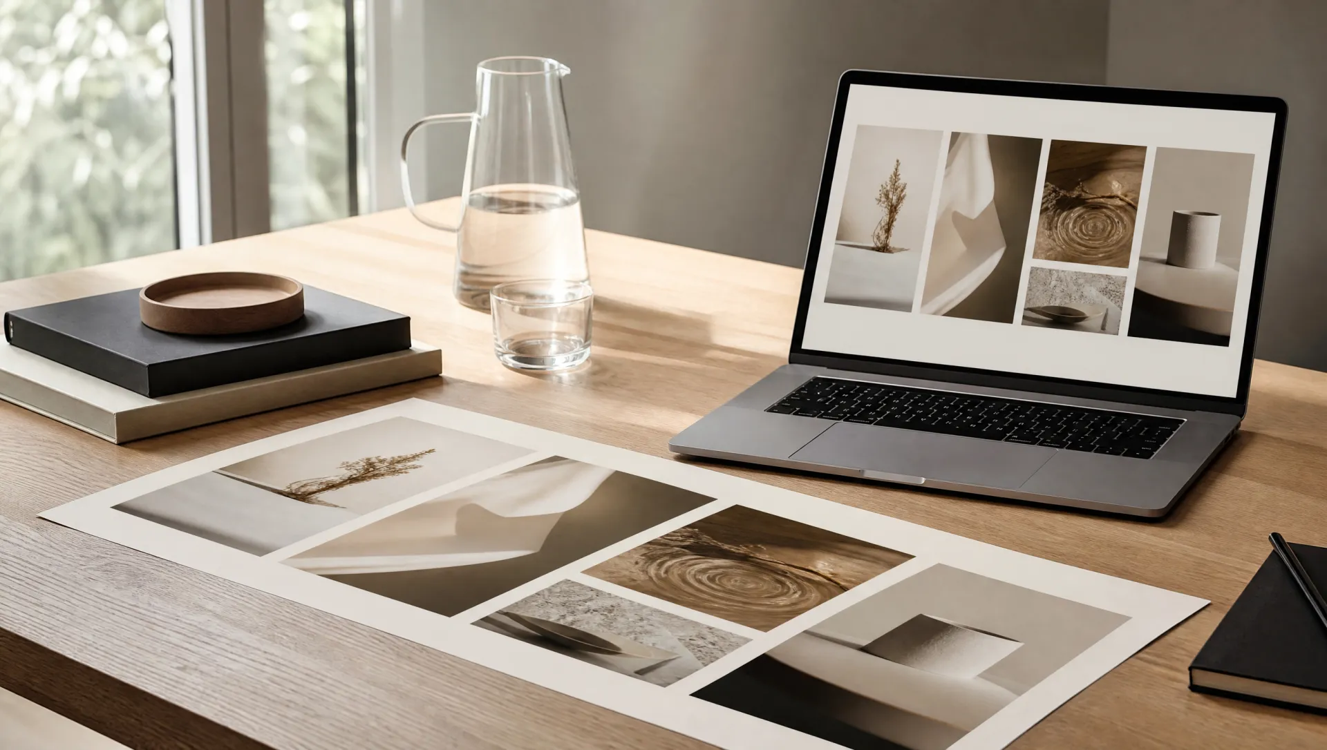 Desarrollo de campañas — concepto y arte sobre mesa de roble