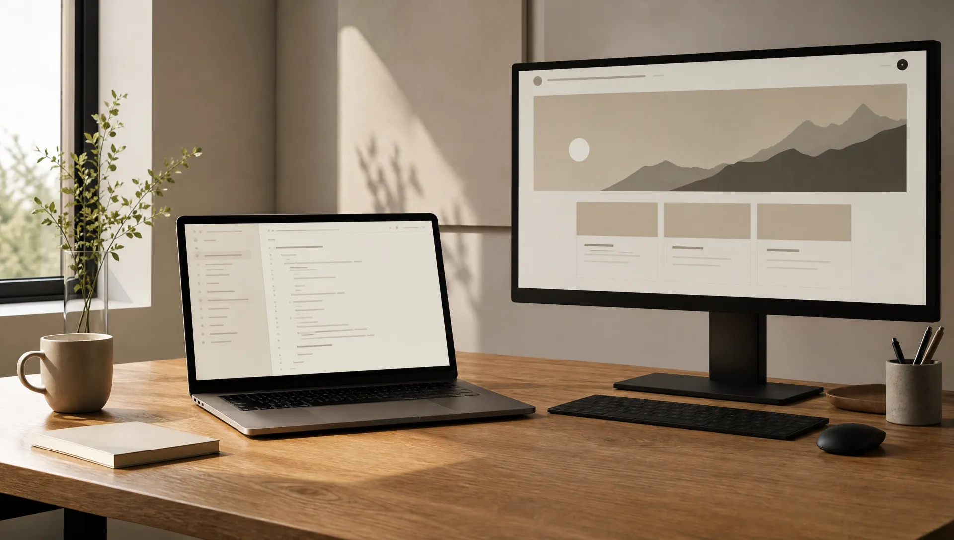 Operación de desarrollo — código, sistemas y notebook sobre roble