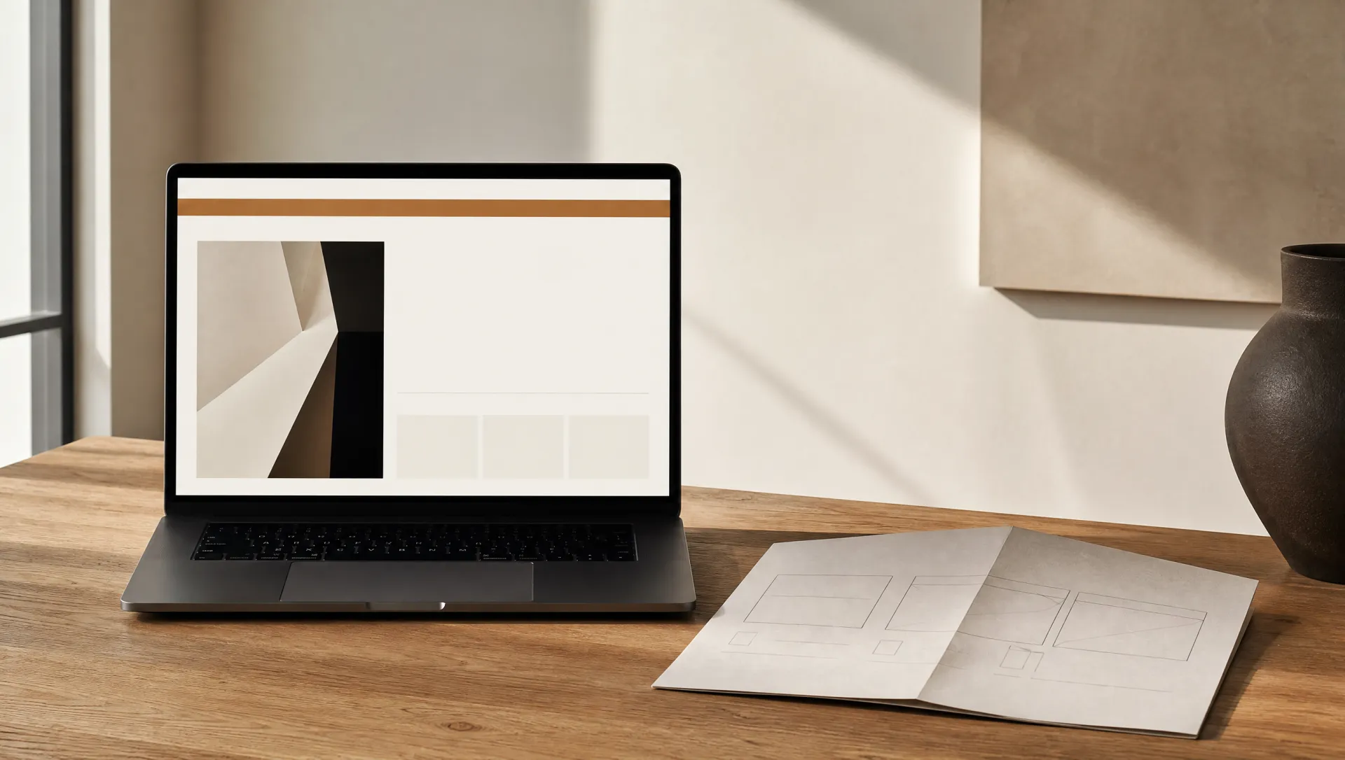 Desarrollo web — sitio en laptop sobre mesa de roble