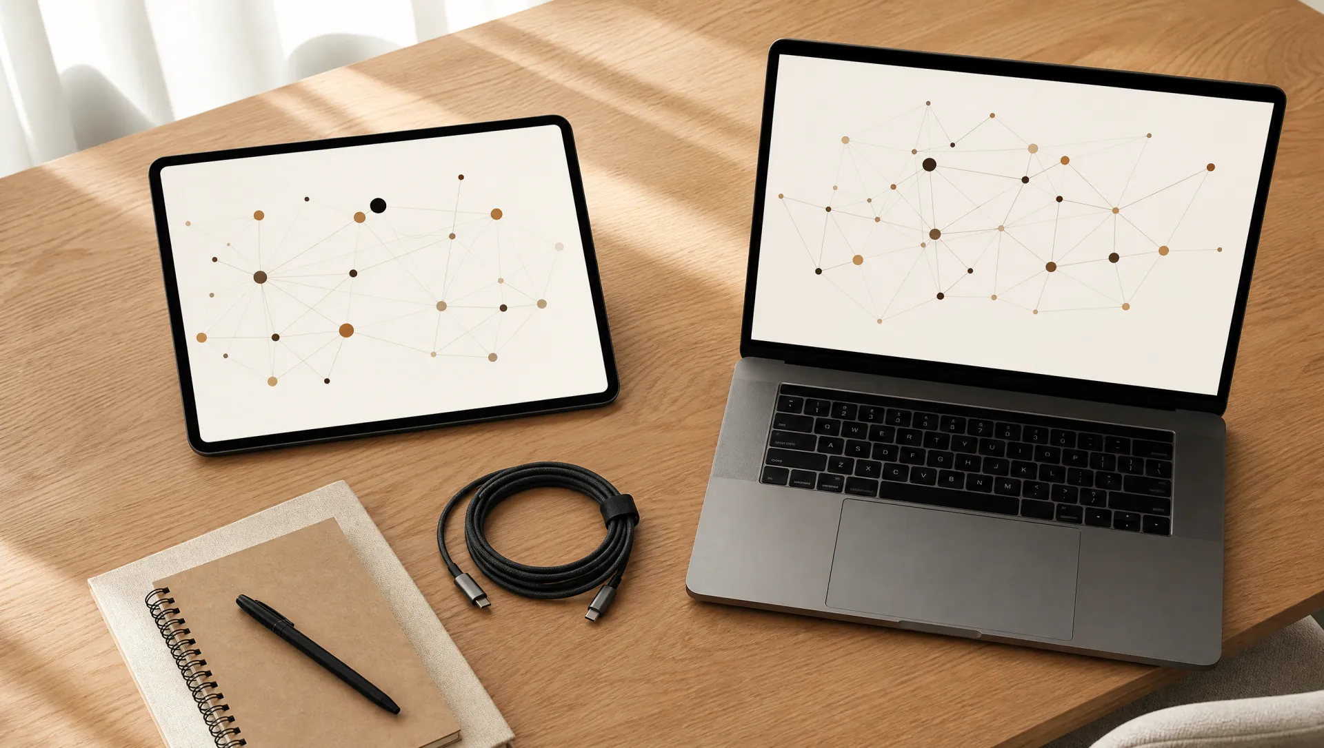 Operación de conectividad — ERP, CRM y notebook sobre roble
