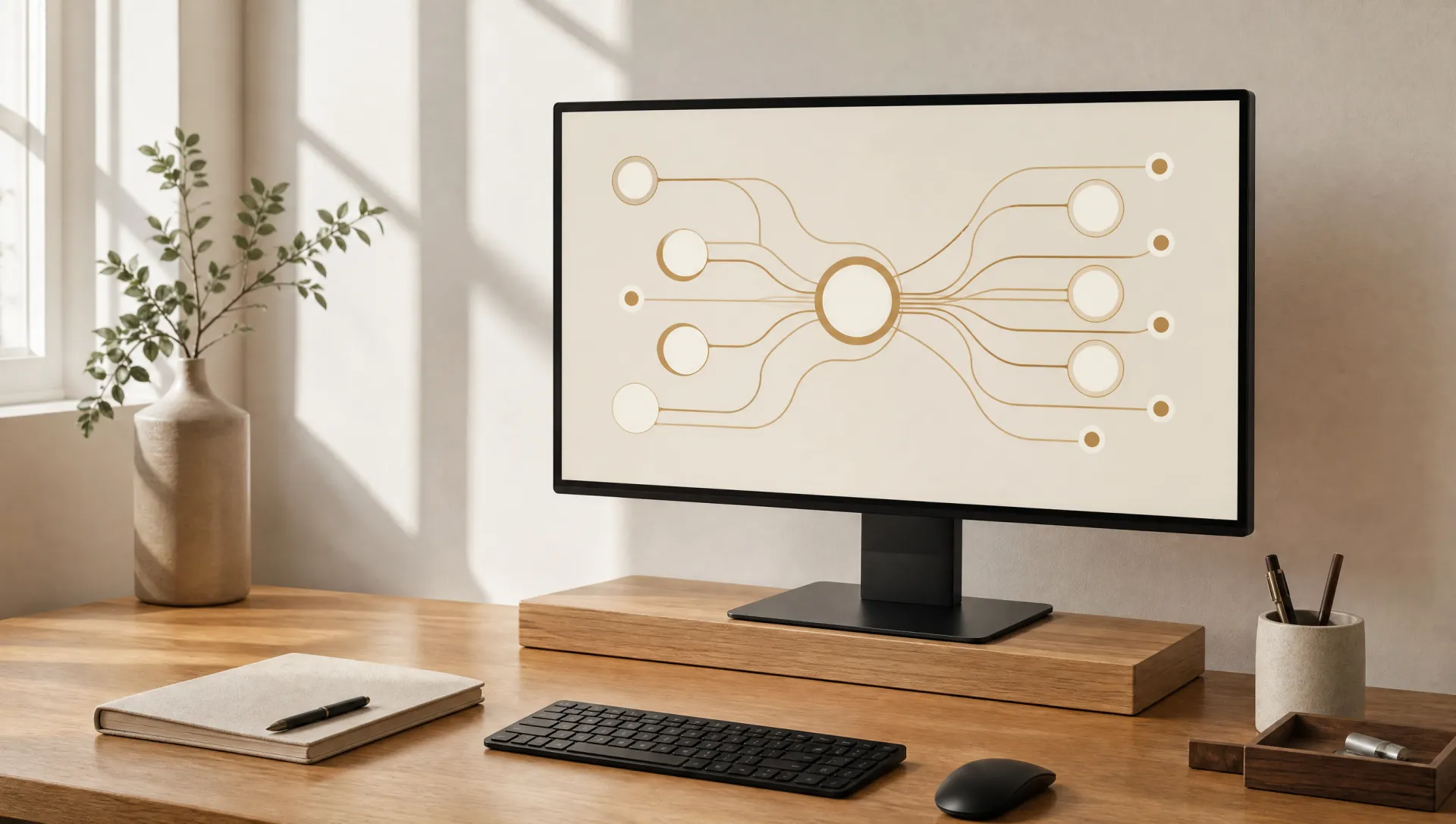 Integraciones — sistemas conectados sobre mesa de roble