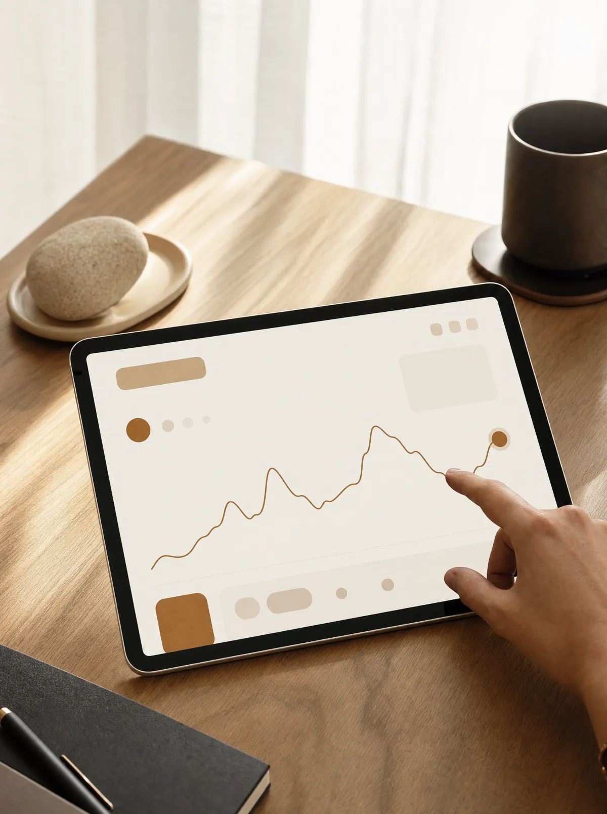 Lectura de datos en tablet — curva abstracta sobre mesa de roble