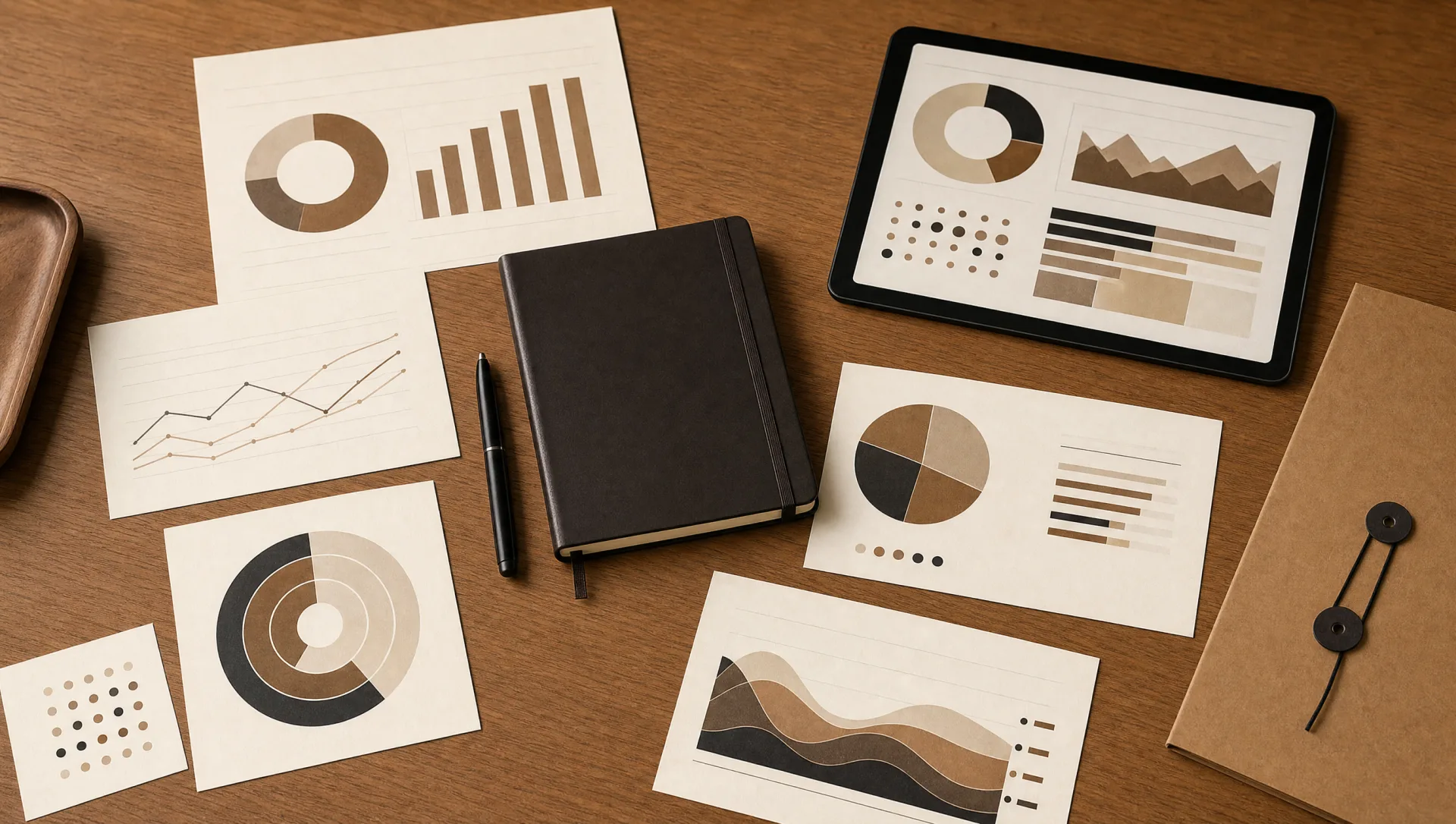 Operación de investigación — reportes, notebook y tablet sobre roble