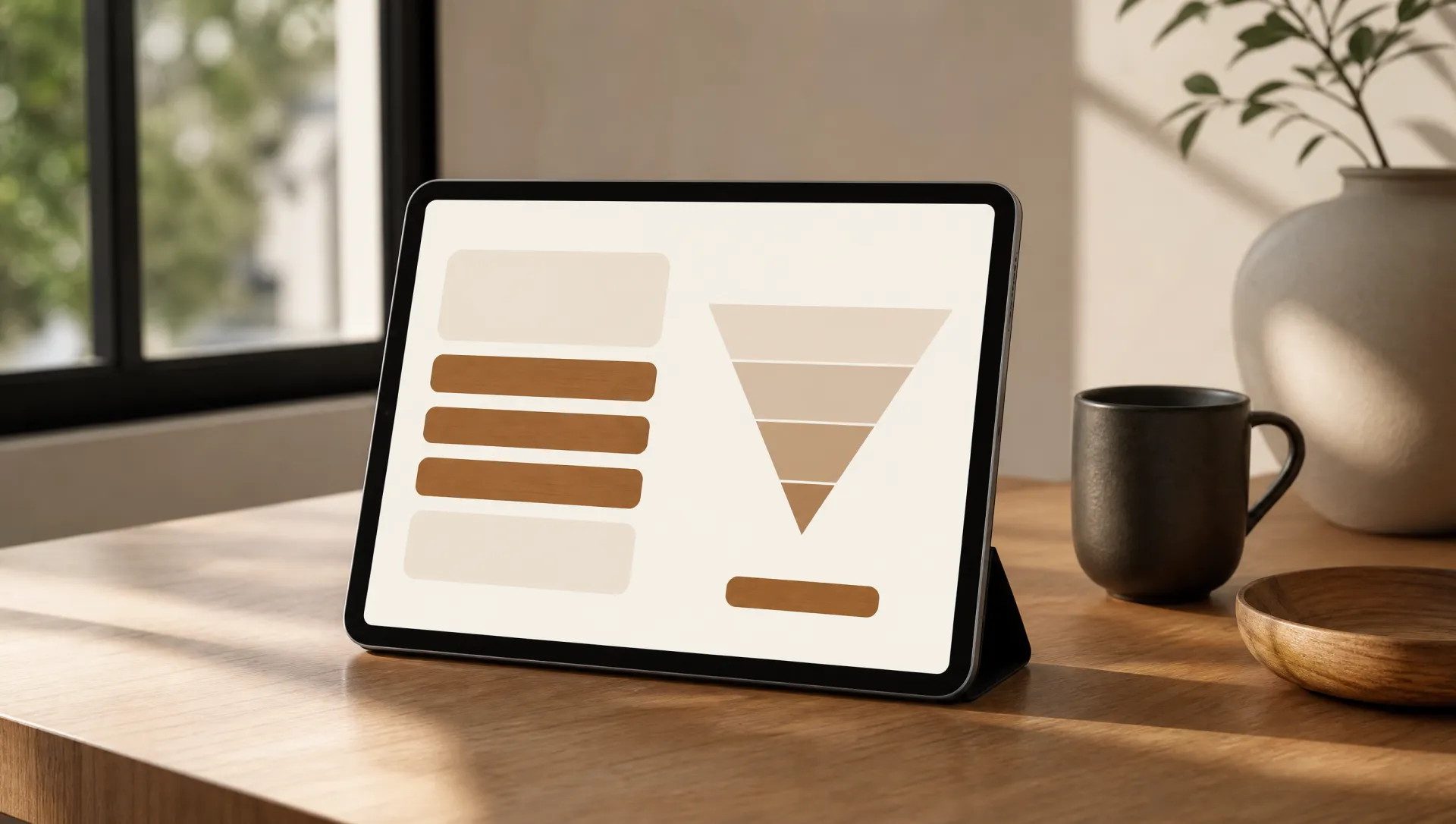 Campaña y conversión en tablet — interfaz cream sobre roble