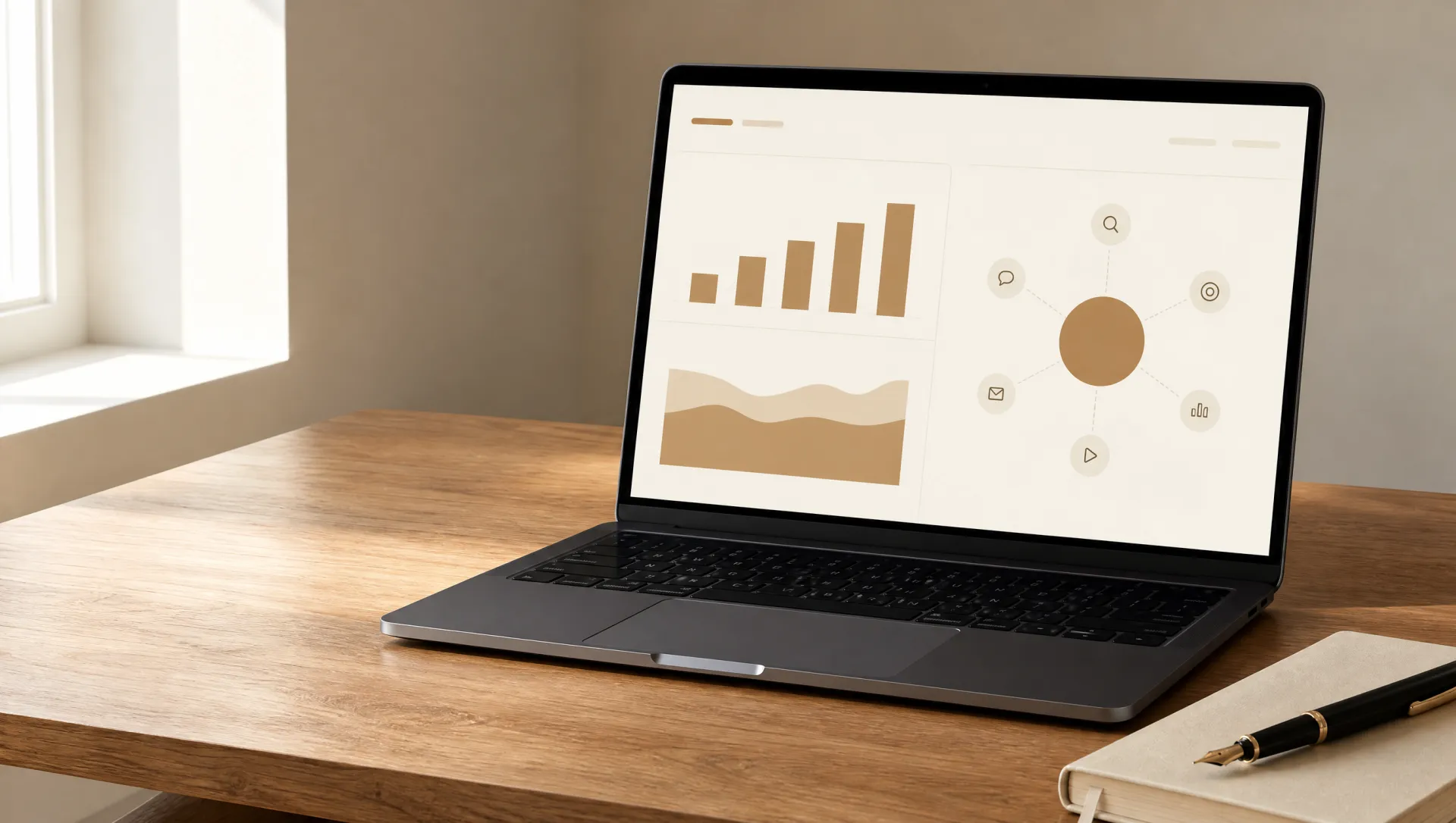Marketing digital — tablero de canales sobre mesa de roble