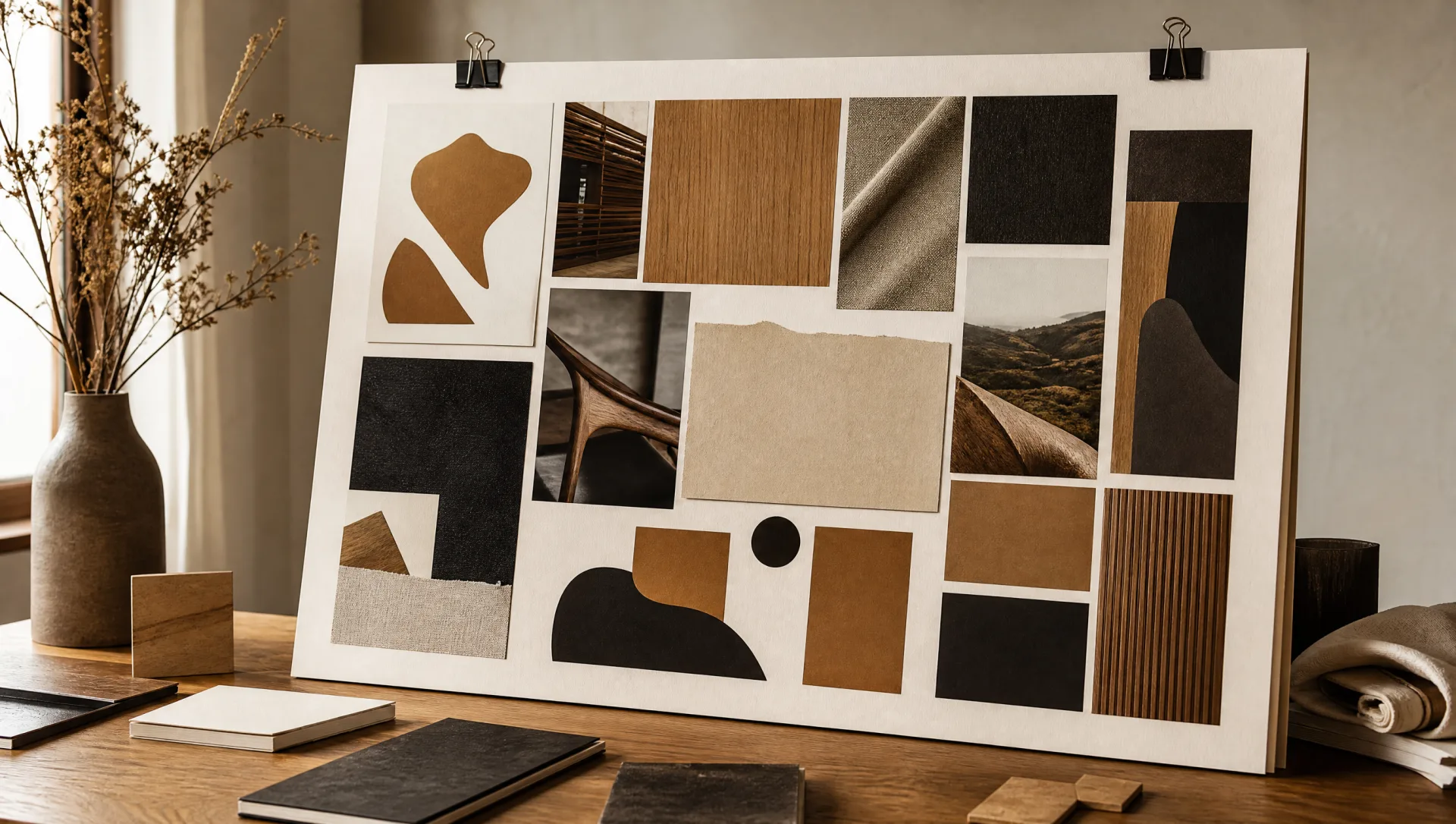 Moodboard físico de marca sobre mesa de roble — pitch de posicionamiento