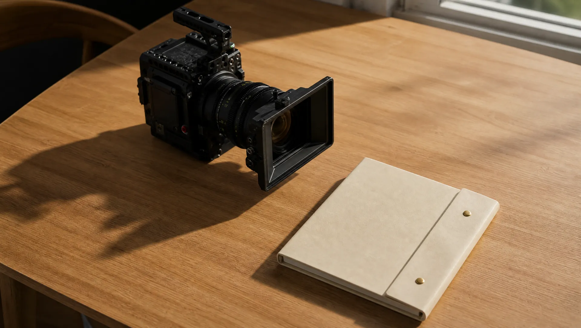 Producción audiovisual — oficio de imagen sobre mesa de roble