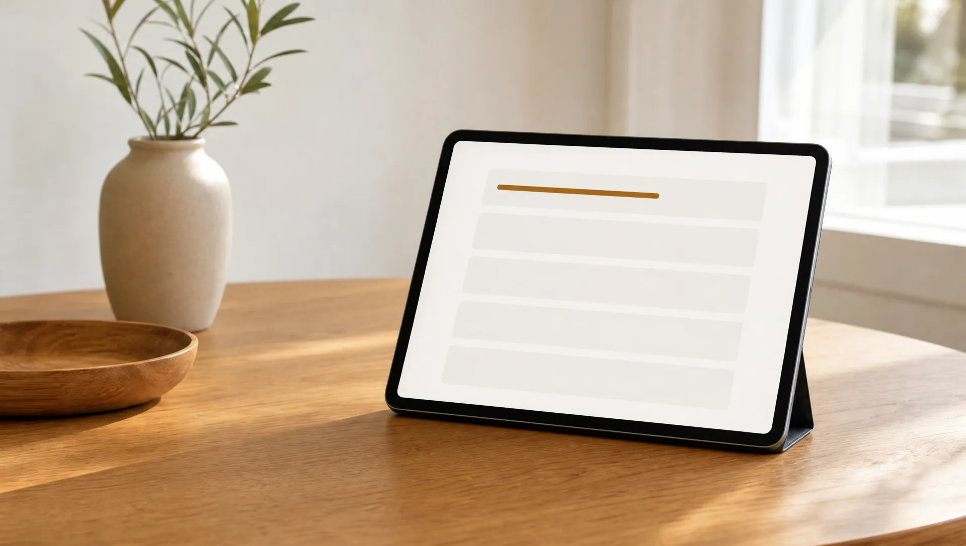 Intención de búsqueda en tablet — SERP abstracta sobre roble