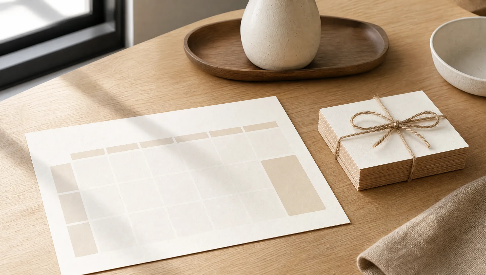 Calendario editorial impreso — piezas cream sobre roble