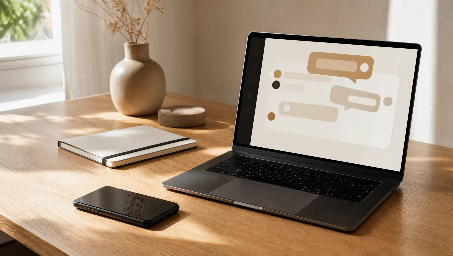 Operación de comunidad — móvil, notebook y listening sobre roble